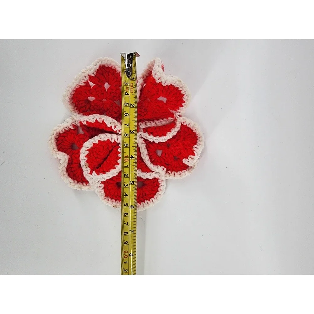 Handmade Crochet Red and White Floral Granny Square Heart Petal‎ Trivet Coaster